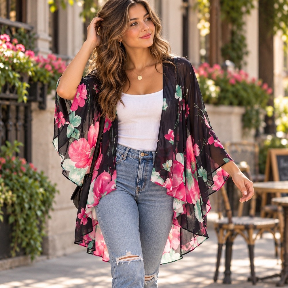 The Boutique Womens Navy Pink Floral Sheer Kimono High Low Wrap Cardigan OS